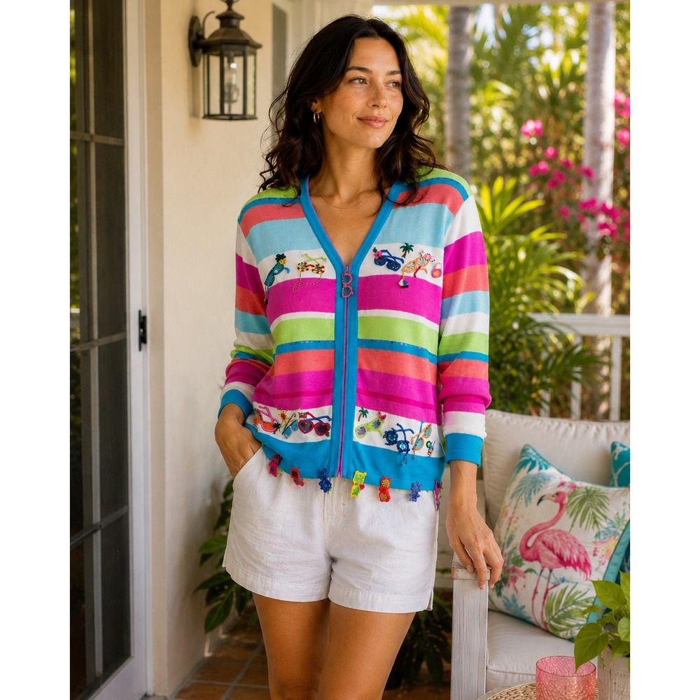 Vintage Y2K Sunglasses Cardigan Women Medium Multi-Color Striped Camp Grandmacor
